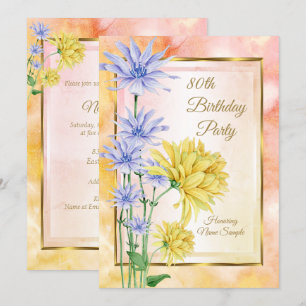 Blauw Geel Roze Bloemen Verjaardagsfeest Uitnodigi Kaart