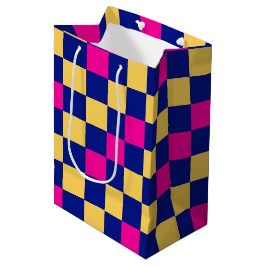Blauw Geel Roze Geruit Patroonontwerp  Medium Cadeauzakje (Voorkant Gekanteld)