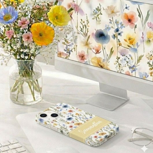 Blauw Geel Roze Waterverf Wilde Bloem Naam Case-Mate iPhone Case