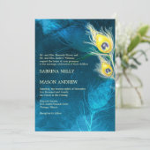 Blauw & Geel Rustiek Peacock Bruiloft Kaart (Staand voorkant)