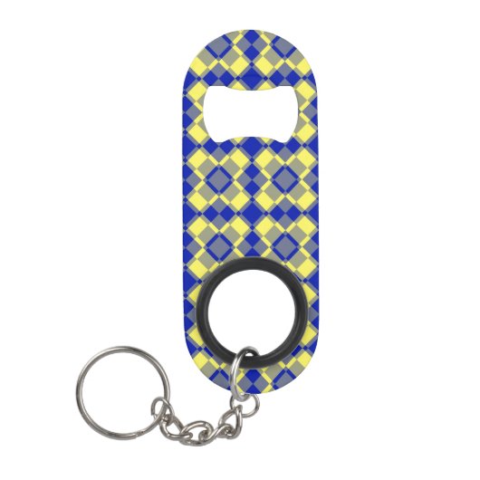 Blauw Geel Schachbord Argyle Patroon Mini Flessenopener (Voorkant)