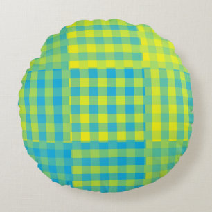 Blauw Geel Schachbrett Patroon Patchwork Rond Kussen