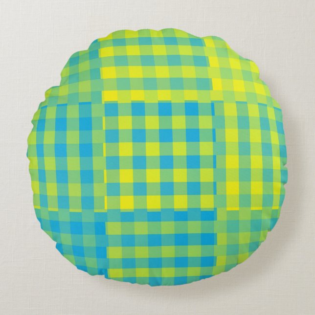 Blauw Geel Schachbrett Patroon Patchwork Rond Kussen (Voorkant)