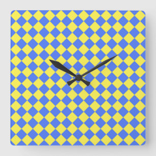 Blauw Geel Schacherdiamantpatroon Vierkante Klok