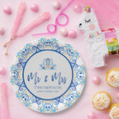 Blauw Geel Sierlijk Mr. Mrs. Naam Huwelijkspartij Papieren Bordje (Feest)