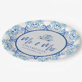 Blauw Geel Sierlijk Mr. Mrs. Naam Huwelijkspartij Papieren Bordje (Gekanteld)