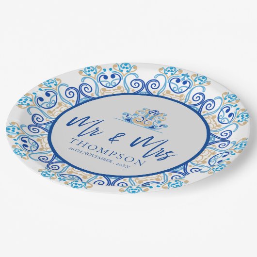 Blauw Geel Sierlijk Mr. Mrs. Naam Huwelijkspartij Papieren Bordje (Gekanteld)