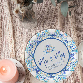 Blauw Geel Sierlijk Mr. Mrs. Naam Huwelijkspartij Papieren Bordje