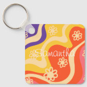 Blauw, Geel, Sinaasappel, Roze Bloemen Abstract Sleutelhanger (Voorkant)