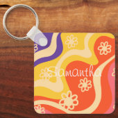 Blauw, Geel, Sinaasappel, Roze Bloemen Abstract Sleutelhanger (Voorkant)