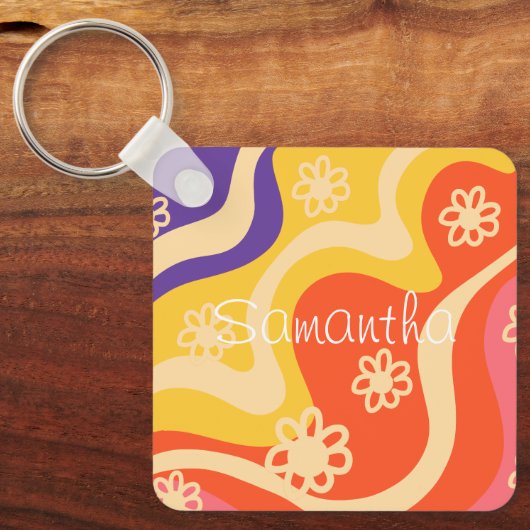 Blauw, Geel, Sinaasappel, Roze Bloemen Abstract Sleutelhanger (Voorkant)