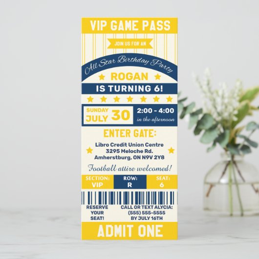 Blauw & Geel Sport Thema Ticket Verjaardagsfeestje Kaart (Staand voorkant)