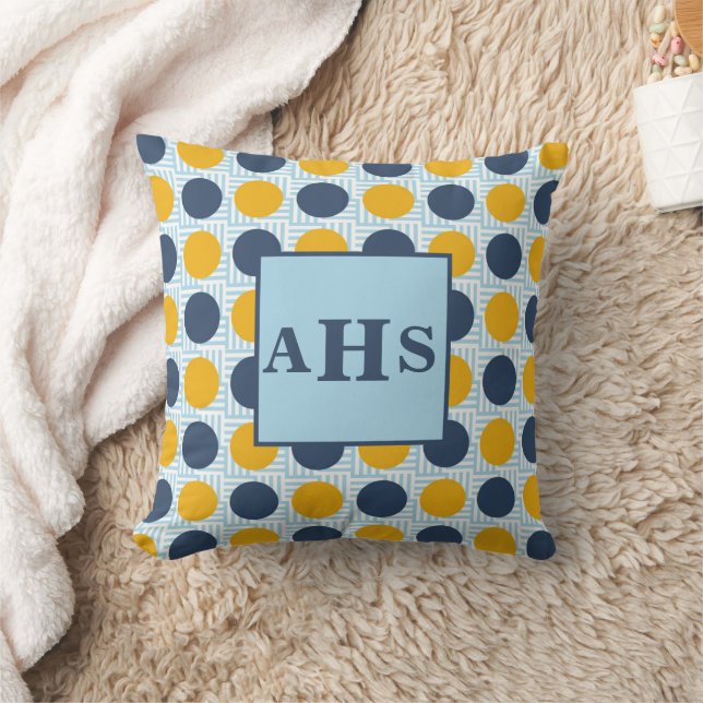 Blauw Geel Stippen Monogram 3 Initiaal Kussen (Deken)