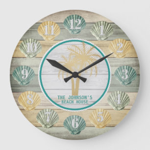 Blauw & Geel Strand Houten Schelpen & Palmbomen Grote Klok
