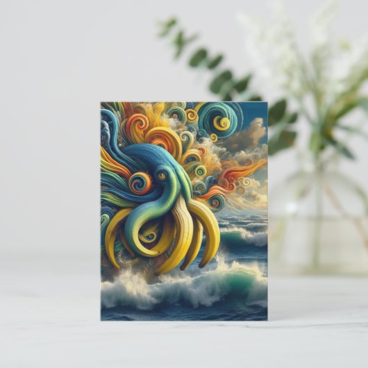 Blauw Geel Surreëel Banaan Octopus Briefkaart (Staand voorkant)