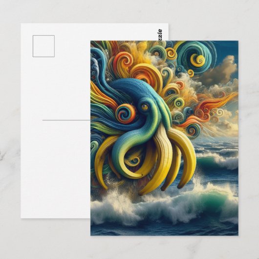 Blauw Geel Surreëel Banaan Octopus Briefkaart (Voorkant / Achterkant)