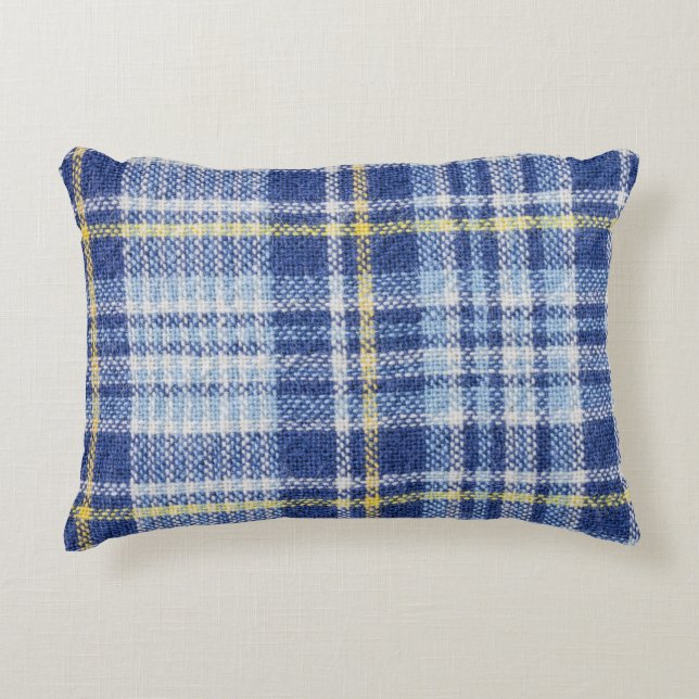 Blauw Geel Tartan: Modieuze Plaid Accent Kussen (Voorkant)