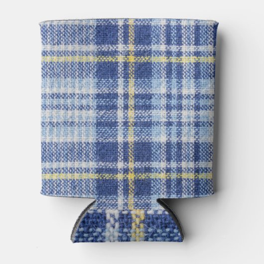 Blauw Geel Tartan: Modieuze Plaid Blikjeskoeler (Voorkant)