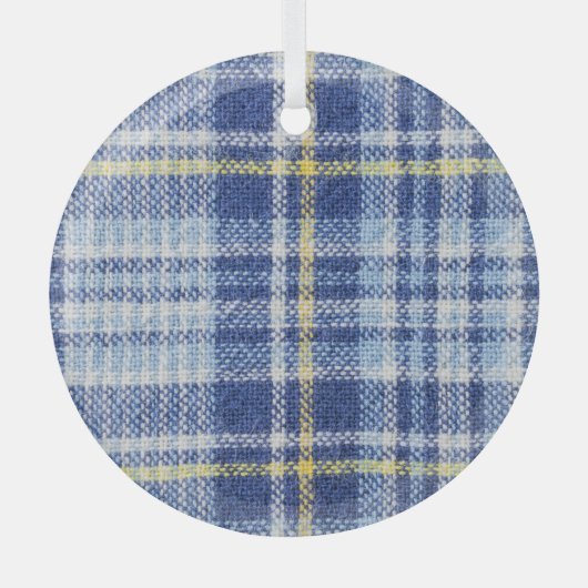 Blauw Geel Tartan: Modieuze Plaid Glas Ornament (Voorkant)