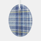Blauw Geel Tartan: Modieuze Plaid Glas Ornament (Voorkant links)