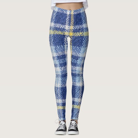 Blauw Geel Tartan: Modieuze Plaid Leggings (Voorkant)