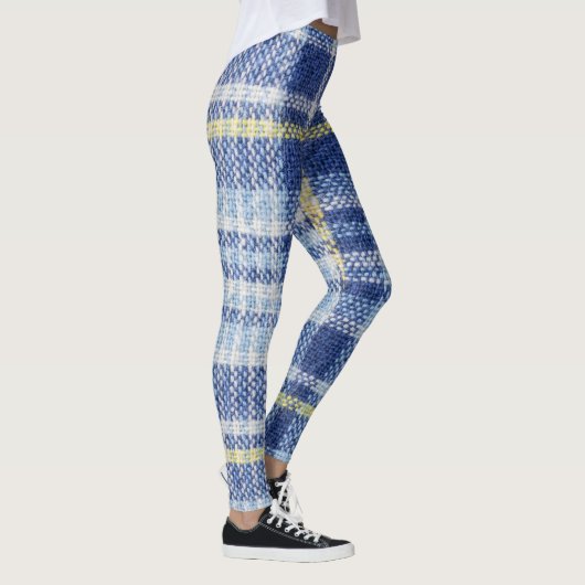 Blauw Geel Tartan: Modieuze Plaid Leggings (Rechts)