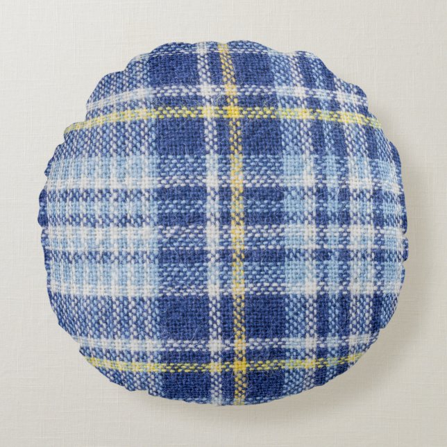 Blauw Geel Tartan: Modieuze Plaid Rond Kussen (Voorkant)
