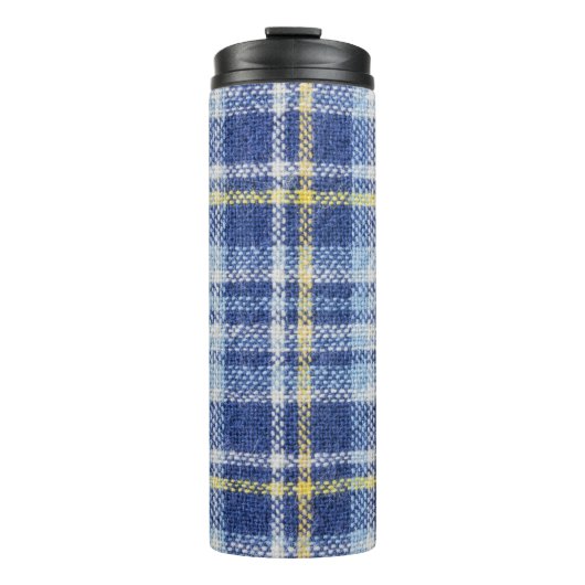 Blauw Geel Tartan: Modieuze Plaid Thermosbeker (Voorkant)