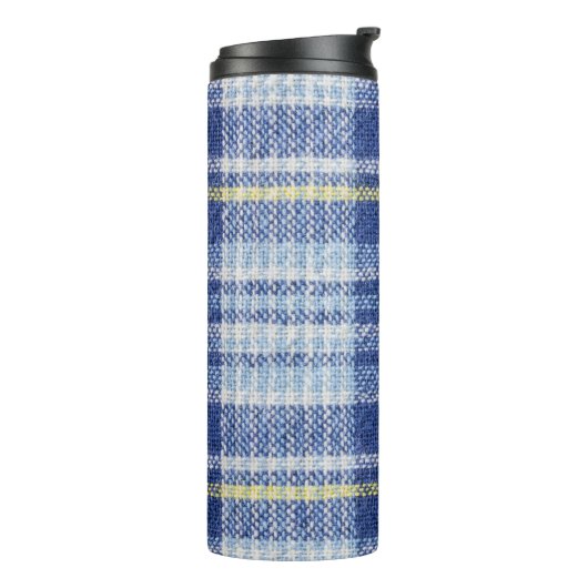 Blauw Geel Tartan: Modieuze Plaid Thermosbeker (Gedraaid links)