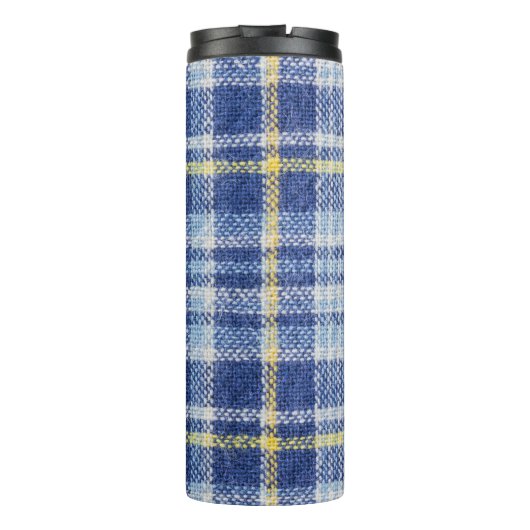 Blauw Geel Tartan: Modieuze Plaid Thermosbeker (Achterkant)