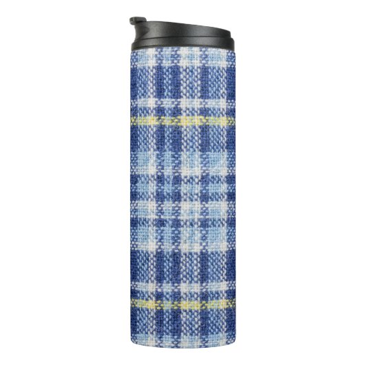 Blauw Geel Tartan: Modieuze Plaid Thermosbeker (Geroteerd rechts)