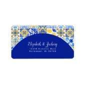 Blauw Geel Tegel Boog Bruiloft Retouradres Label (Voorkant)