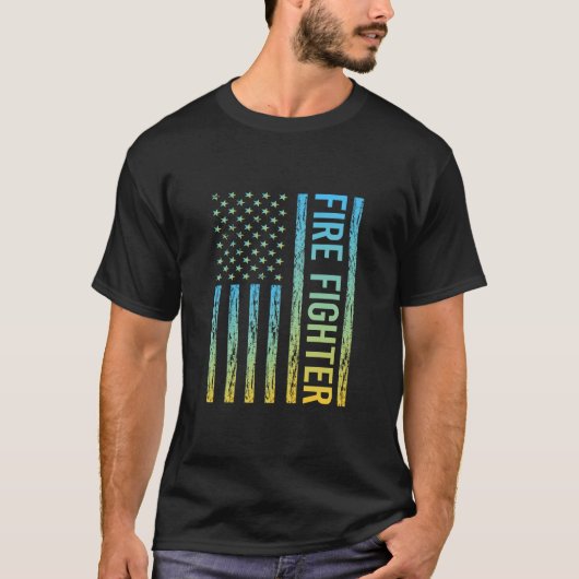 Blauw Geel USA Vlag - Brandweerman T-shirt (Voorkant)
