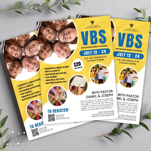 Blauw Geel VBS Vakantie Bijbel School Kerk Jeugd Flyer
