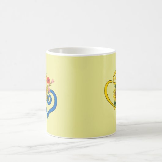 Blauw geel verdraaid hart met zonnebloem op geel mok (Center)