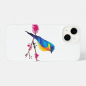 Blauw & Geel Vogel met Roze Bloesems tekening iPhone Hoesje (Achterkant horizontaal)
