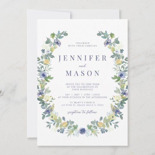 Blauw geel waterverf bloem bohemian bruiloft kaart (Voorkant)