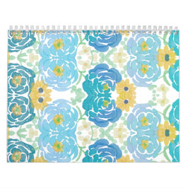 Blauw & Geel Waterverf Bloemmotief Kalender