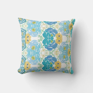 Blauw & Geel Waterverf Bloemmotief Kussen