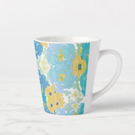 Blauw & Geel Waterverf Bloemmotief Latte Mok