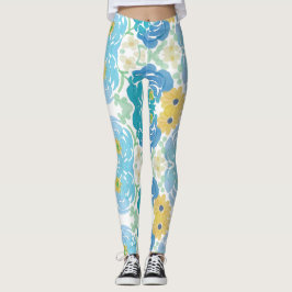 Blauw & Geel Waterverf Bloemmotief Leggings