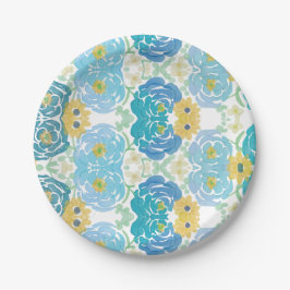 Blauw & Geel Waterverf Bloemmotief Papieren Bordje