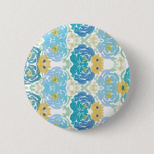 Blauw & Geel Waterverf Bloemmotief Ronde Button 5,7 Cm (Voorkant)