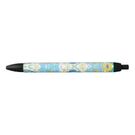 Blauw & Geel Waterverf Bloemmotief Zwarte Inkt Pen