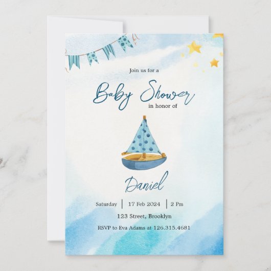 Blauw Geel Waterverf Boat Baby shower Kaart (Voorkant)