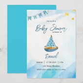 Blauw Geel Waterverf Boat Baby shower Kaart (Voorkant / Achterkant)