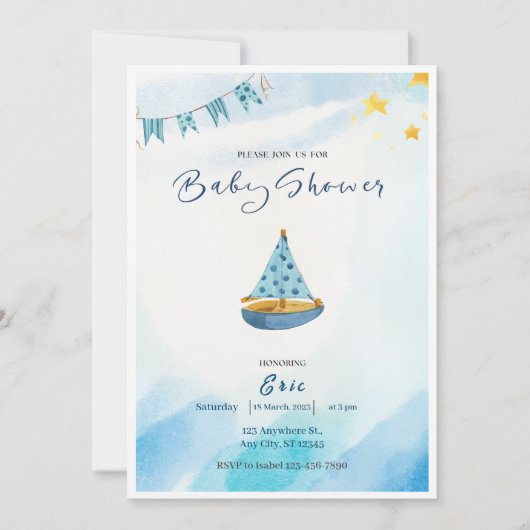 Blauw Geel Waterverf Boot Baby shower Uitnodiging (Voorkant)