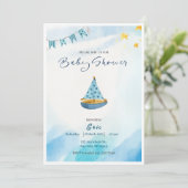 Blauw Geel Waterverf Boot Baby shower Uitnodiging (Staand voorkant)