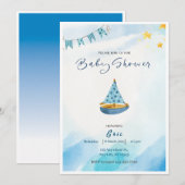 Blauw Geel Waterverf Boot Baby shower Uitnodiging (Voorkant / Achterkant)