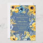 Blauw Geel Waterverf Pioen Bruiloft Kaart (Voorkant)